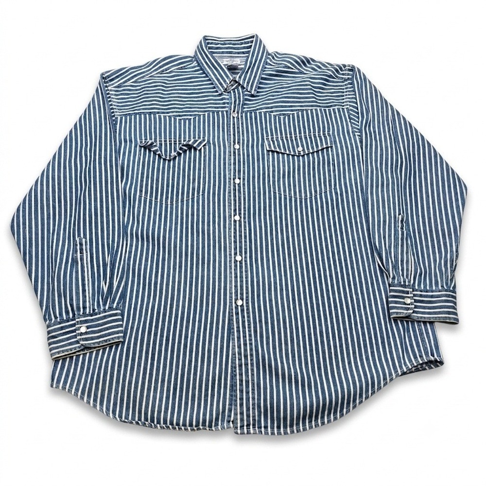 Vintage Cambridge Classics Western Shirt Mens XL Blue Hickory Stripe Pearl Snap